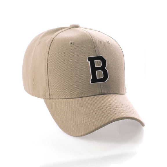 Classic 3D Raised Initial Letters A to Z Structured Baseball Hat Cap Adjustable, Khaki Hat White Black Letter B