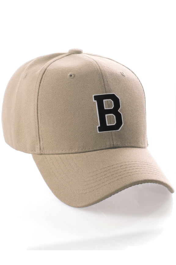 Classic 3D Raised Initial Letters A to Z Structured Baseball Hat Cap Adjustable, Khaki Hat White Black Letter B