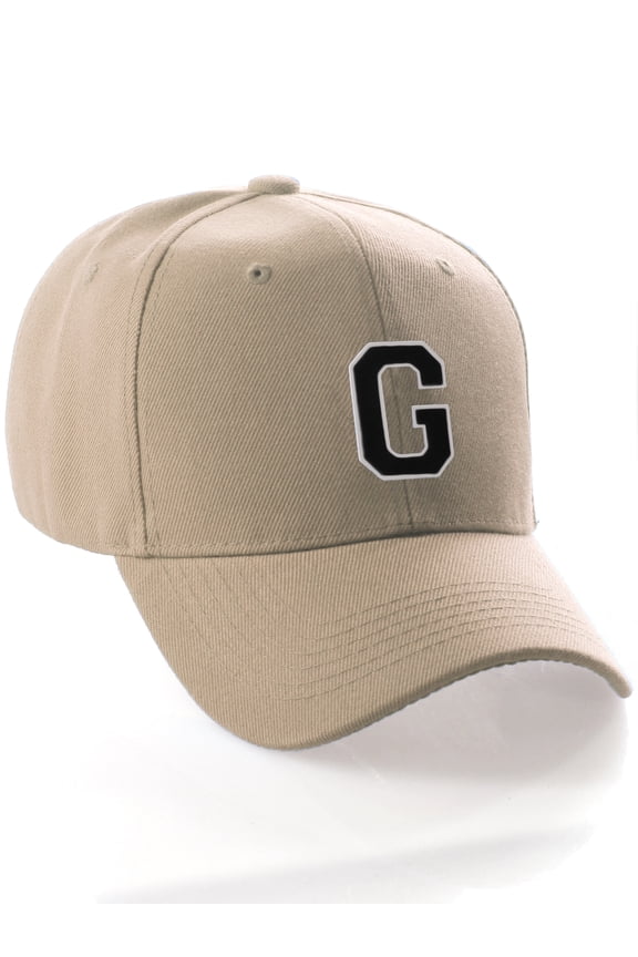 Classic 3D Raised Initial Letters A to Z Structured Baseball Hat Cap Adjustable, Khaki Hat White Black Letter G