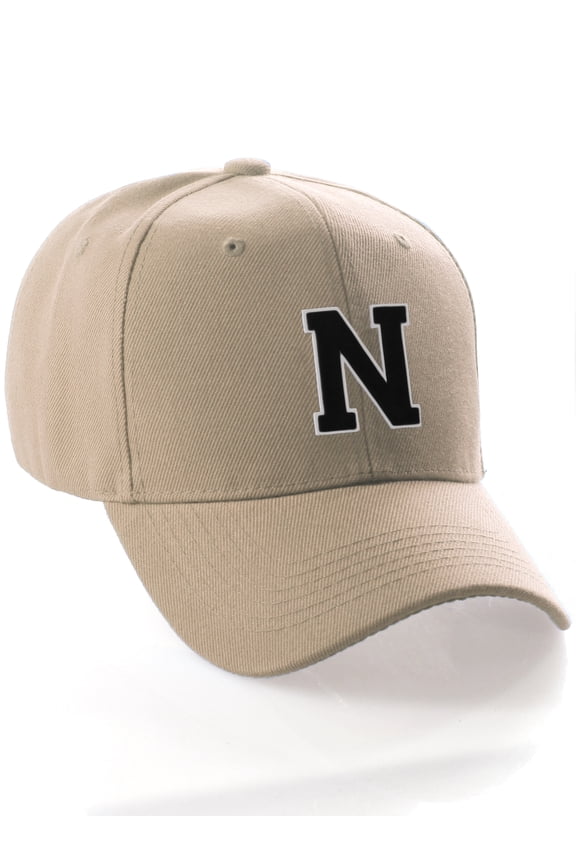 Classic 3D Raised Initial Letters A to Z Structured Baseball Hat Cap Adjustable, Khaki Hat White Black Letter N