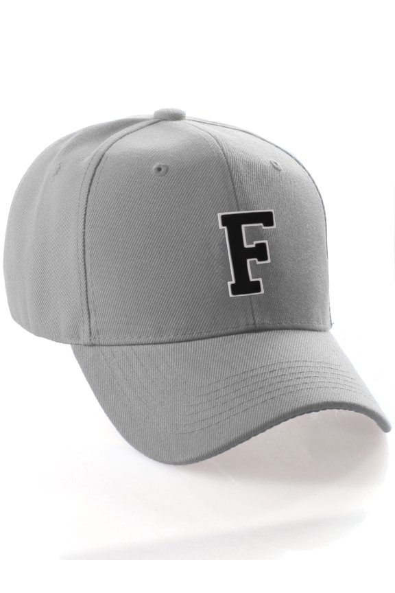 Classic 3D Raised Initial Letters A to Z Structured Baseball Hat Cap Adjustable, L Grey Hat White Black Letter F