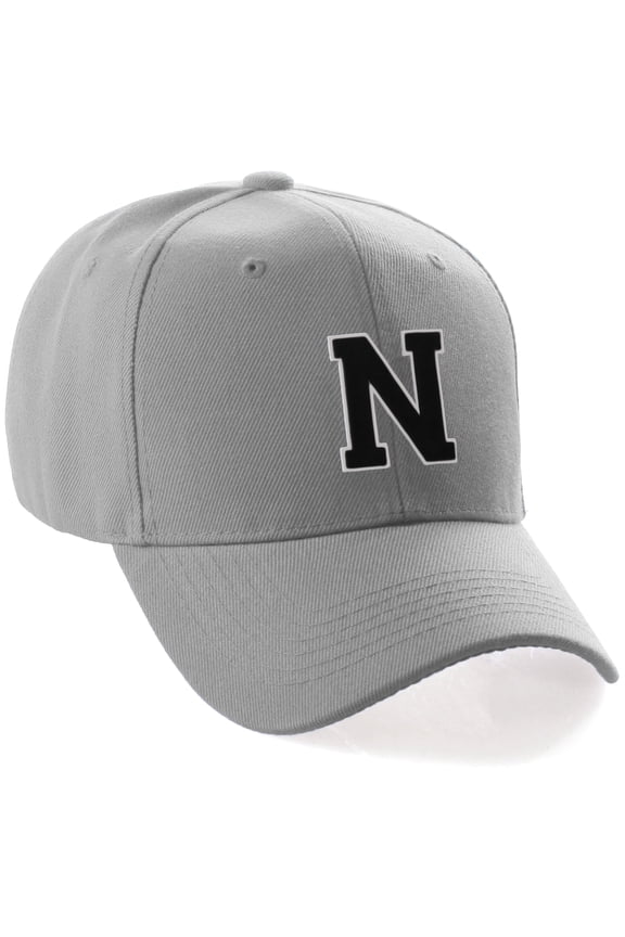 Classic 3D Raised Initial Letters A to Z Structured Baseball Hat Cap Adjustable, L Grey Hat White Black Letter N