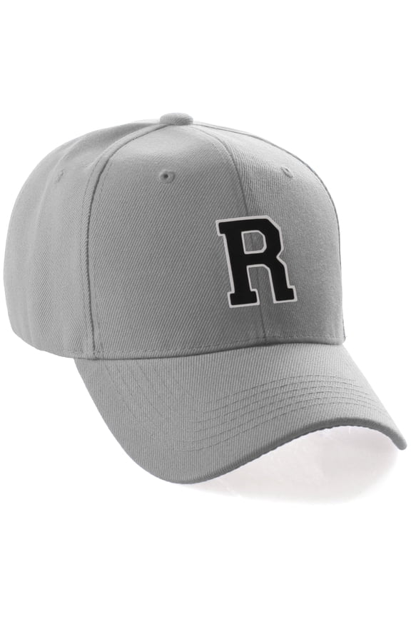 Classic 3D Raised Initial Letters A to Z Structured Baseball Hat Cap Adjustable, L Grey Hat White Black Letter R