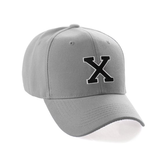 Classic 3D Raised Initial Letters A to Z Structured Baseball Hat Cap Adjustable, L Grey Hat White Black Letter X