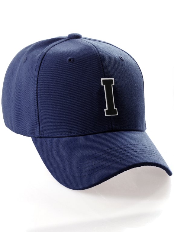 Classic 3D Raised Initial Letters A to Z Structured Baseball Hat Cap Adjustable, Navy Hat White Black Letter I