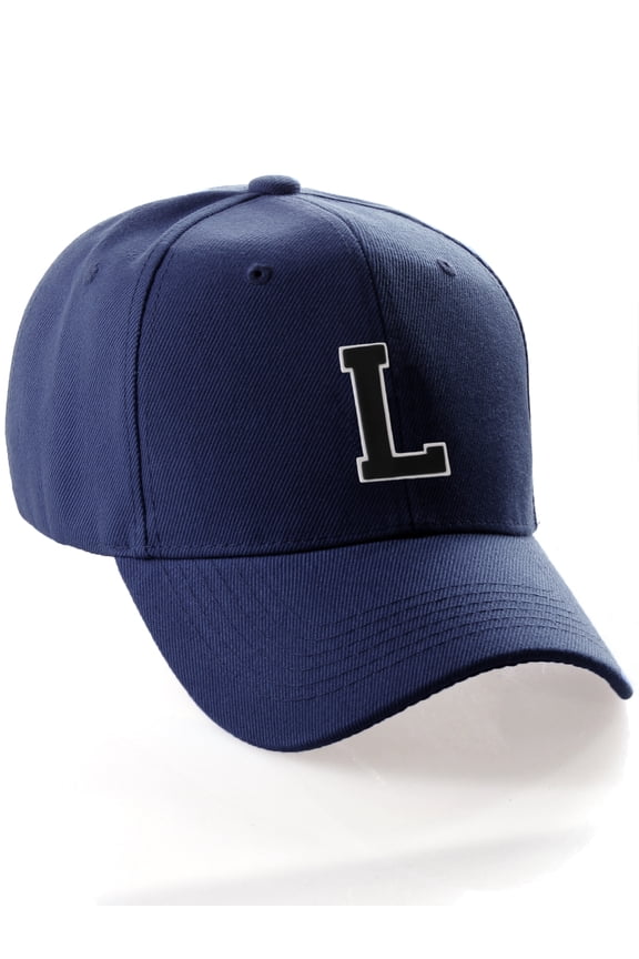 Classic 3D Raised Initial Letters A to Z Structured Baseball Hat Cap Adjustable, Navy Hat White Black Letter L