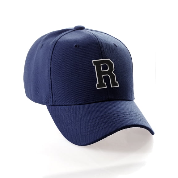 Classic 3D Raised Initial Letters A to Z Structured Baseball Hat Cap Adjustable, Navy Hat White Black Letter R