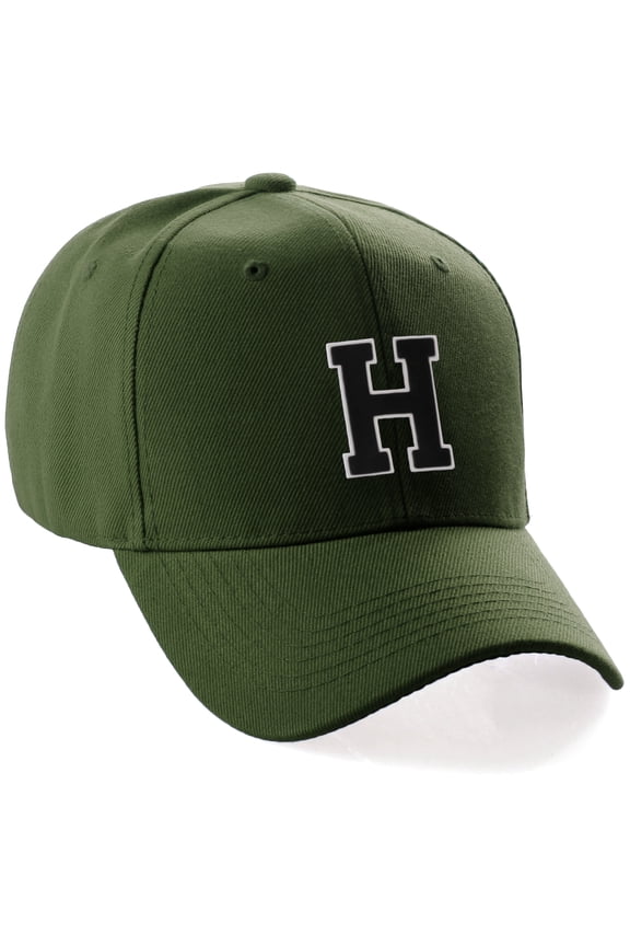 Classic 3D Raised Initial Letters A to Z Structured Baseball Hat Cap Adjustable, Olive Hat White Black Letter H