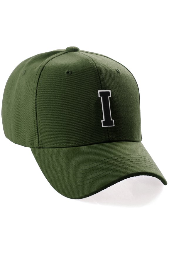 Classic 3D Raised Initial Letters A to Z Structured Baseball Hat Cap Adjustable, Olive Hat White Black Letter I