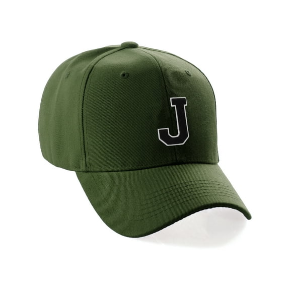 Classic 3D Raised Initial Letters A to Z Structured Baseball Hat Cap Adjustable, Olive Hat White Black Letter J