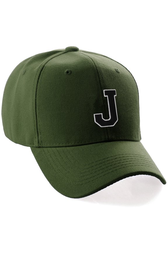 Classic 3D Raised Initial Letters A to Z Structured Baseball Hat Cap Adjustable, Olive Hat White Black Letter J