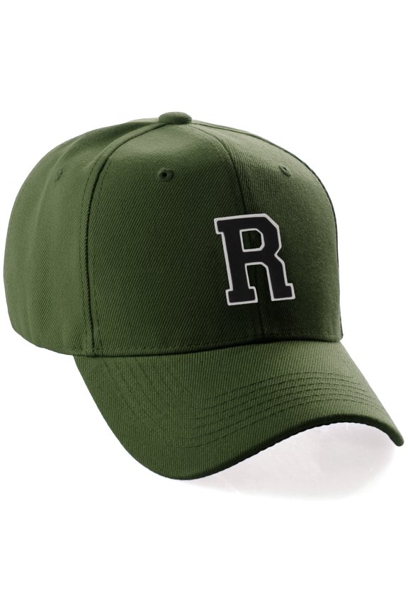 Classic 3D Raised Initial Letters A to Z Structured Baseball Hat Cap Adjustable, Olive Hat White Black Letter R