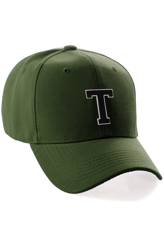 Classic 3D Raised Initial Letters A to Z Structured Baseball Hat Cap Adjustable, Olive Hat White Black Letter T