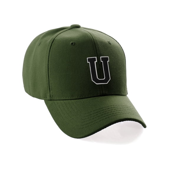 Classic 3D Raised Initial Letters A to Z Structured Baseball Hat Cap Adjustable, Olive Hat White Black Letter U