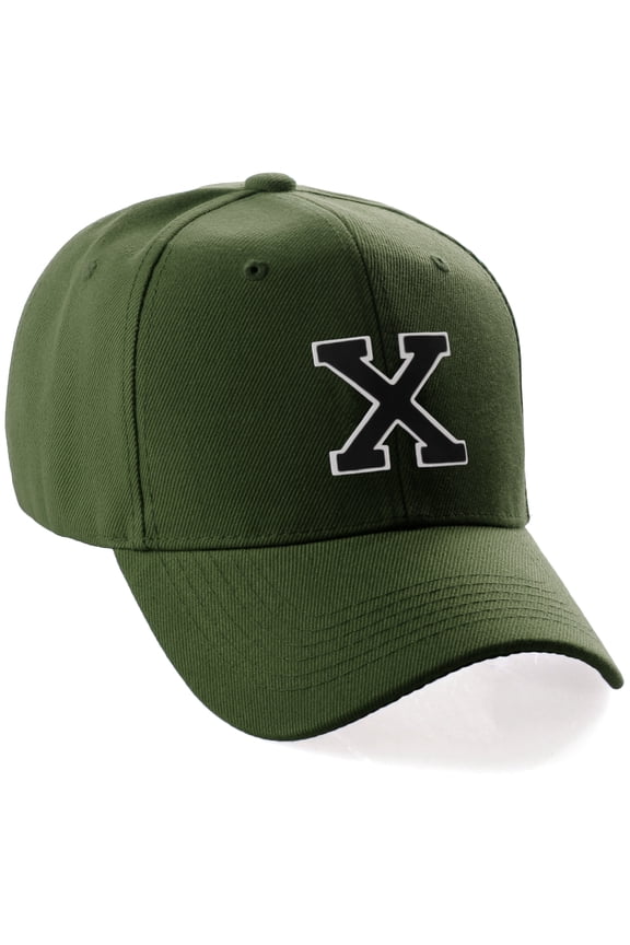 Classic 3D Raised Initial Letters A to Z Structured Baseball Hat Cap Adjustable, Olive Hat White Black Letter X