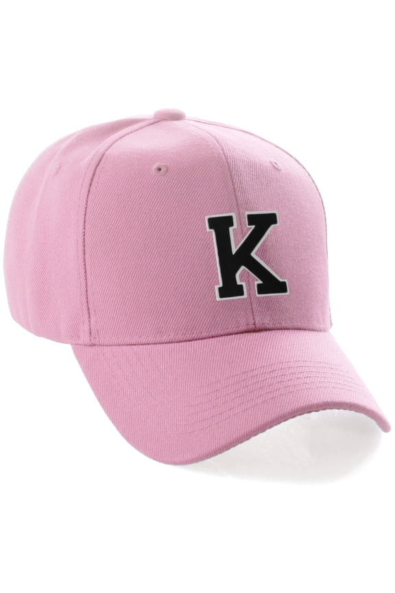 Classic 3D Raised Initial Letters A to Z Structured Baseball Hat Cap Adjustable, Pink Hat White Black Letter K