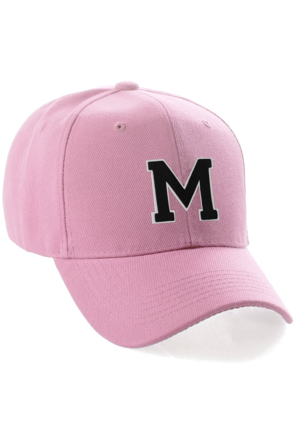 Classic 3D Raised Initial Letters A to Z Structured Baseball Hat Cap Adjustable, Pink Hat White Black Letter M