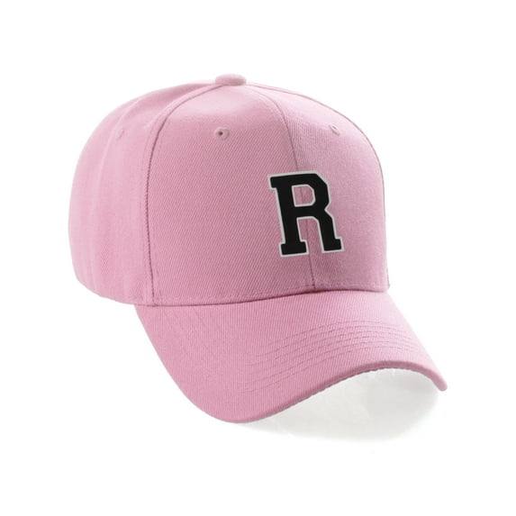 Classic 3D Raised Initial Letters A to Z Structured Baseball Hat Cap Adjustable, Pink Hat White Black Letter R