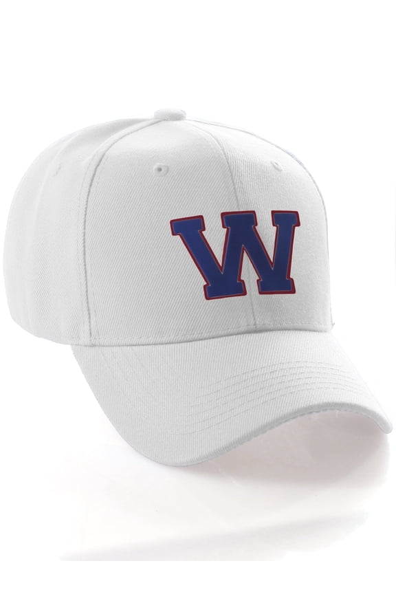 Classic 3D Raised Initial Letters A to Z Structured Baseball Hat Cap Adjustable, White Hat Red Blue Letter W