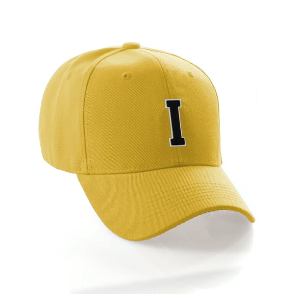 Classic 3D Raised Initial Letters A to Z Structured Baseball Hat Cap Adjustable, Yellow Hat White Black Letter I
