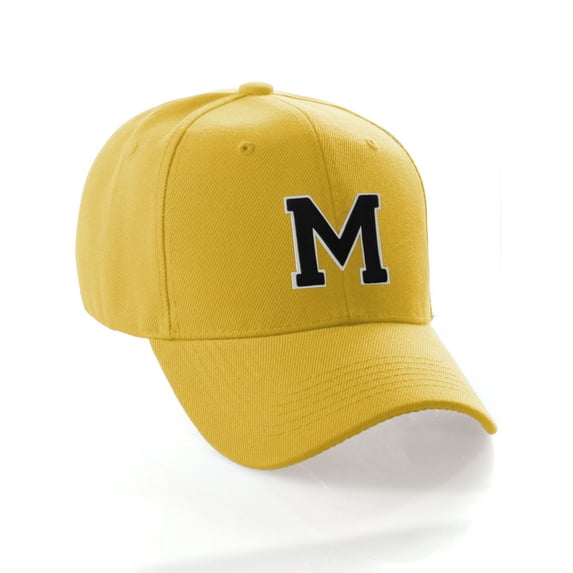 Classic 3D Raised Initial Letters A to Z Structured Baseball Hat Cap Adjustable, Yellow Hat White Black Letter M
