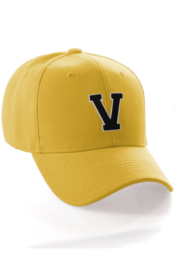 Classic 3D Raised Initial Letters A to Z Structured Baseball Hat Cap Adjustable, Yellow Hat White Black Letter V