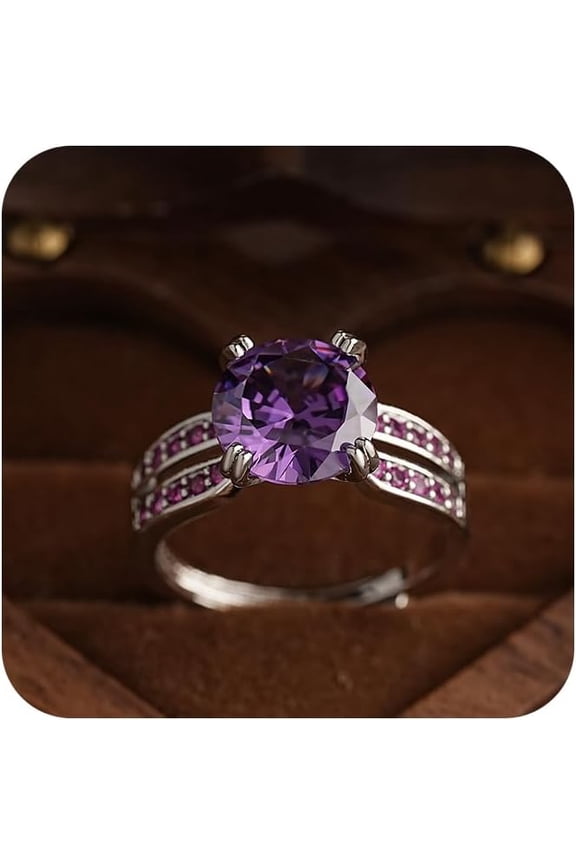 Classic 4 Carat Diamond-Cut Cubic Zirconia Moissanite Engagement Promise Bridal Open Ring 925 Sterling Silver Wedding Simulated Diamond Anniversary Solitaire Band Birthstone Adjustable (Purple)