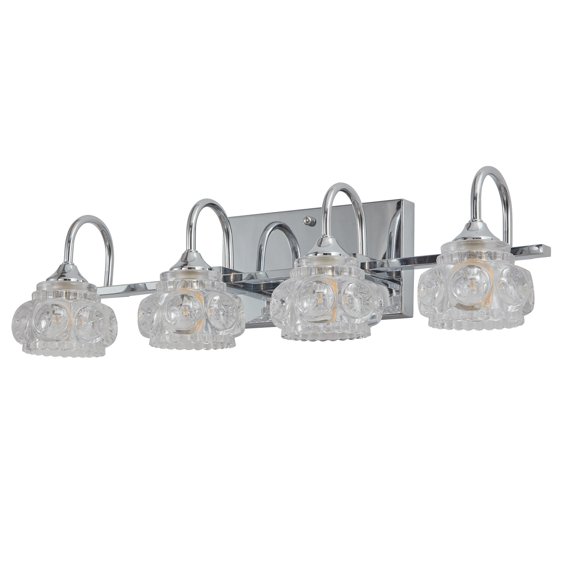 Classic 4-Light Bathroom Wall Light with Crystal Shades, Vintage Iron Frame in Chrome Finish