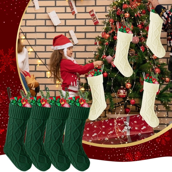 Classic 4 Pack Knit Christmas Stockings Knitted Stocking Decorations Rustic Farmhouse Stocking for Family Holiday Season Ivory White Green/ 4 Pieces of Hanging Socks 46Cm Ca Dark Green