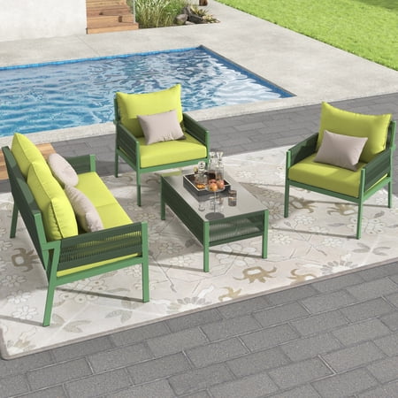 Outdoor 4 - Weather With Thick Cushions & Glass Coffee Table (fluorescent Yellow Patio Conversation Fade- Cushion Covers Tempered