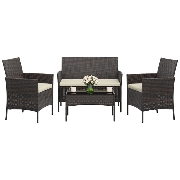Classic 4-Piece Outdoor Patio Bistro Set – PE Rattan Wicker Conversation Set with 2 Chairs, Loveseat, Soft Cushions, Tempered Glass Coffee Table – Brown Four-Strand Vine / Creamy-White Cushion