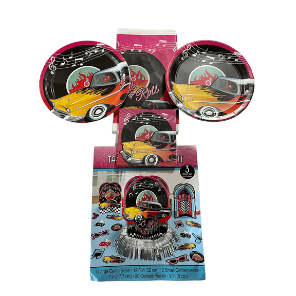 Classic 50's Rock and Roll Party Bundle for 16 guests with plates, napkins, table cover and Table Decorating Kit