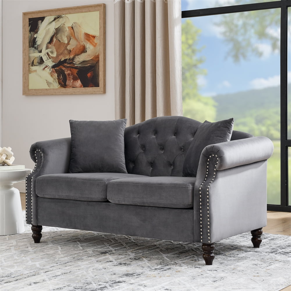Classic 57" Velvet Sofa, Loveseat Tufted Couch with Two Pillows