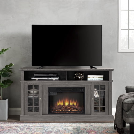 Classic 58" Rustic TV Stand with 23" Electric Fireplace Insert, Media Entertainment Center Console Table for TV up to 65" with Open and Closed Storage Shelves and Cabinets (Black+Dark Walnut)