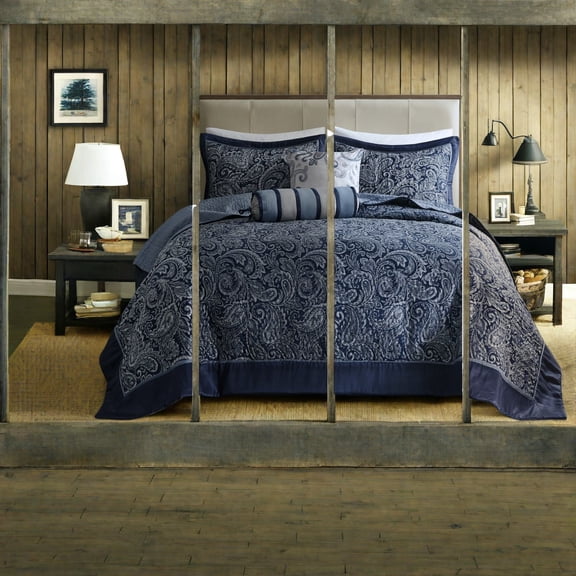 Classic 5Piece Jacquard Bedding Set Cotton Filling Navy Paisley Queen