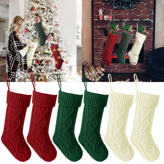 Classic 6 Pack Knit Christmas Stockings Knitted Stocking Decorations Rustic Farmhouse Stocking for Family Holiday Season Ivory White Green/ Set B of 6 Pendants: White 37Cm + Green 37Cm + Red 37Cm