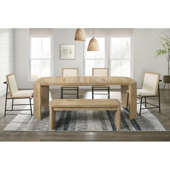 Classic 6 Piece Dining Set, Oak Wood Extending Leaf Dining Table Bench and 4 Upholstered Side Chairs, Beige/Brown