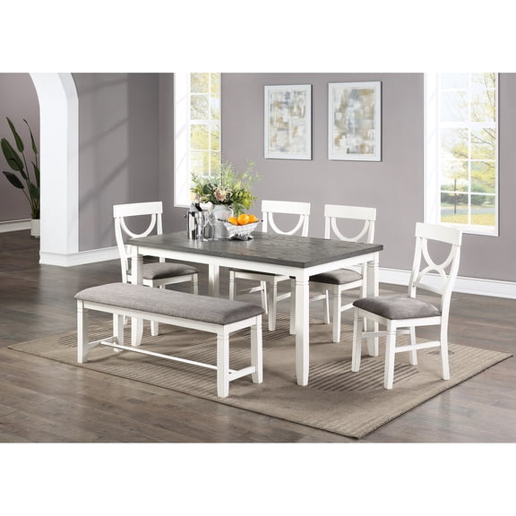 Classic 6pc White Dining Room Array - Table, 4 Chairs, Bench Rubberwood, Foam Back Pad Rectangular Table Contemporary Furniture 6 Pieces Comprising Rubberwood And Cushioned Seats, Tabletop