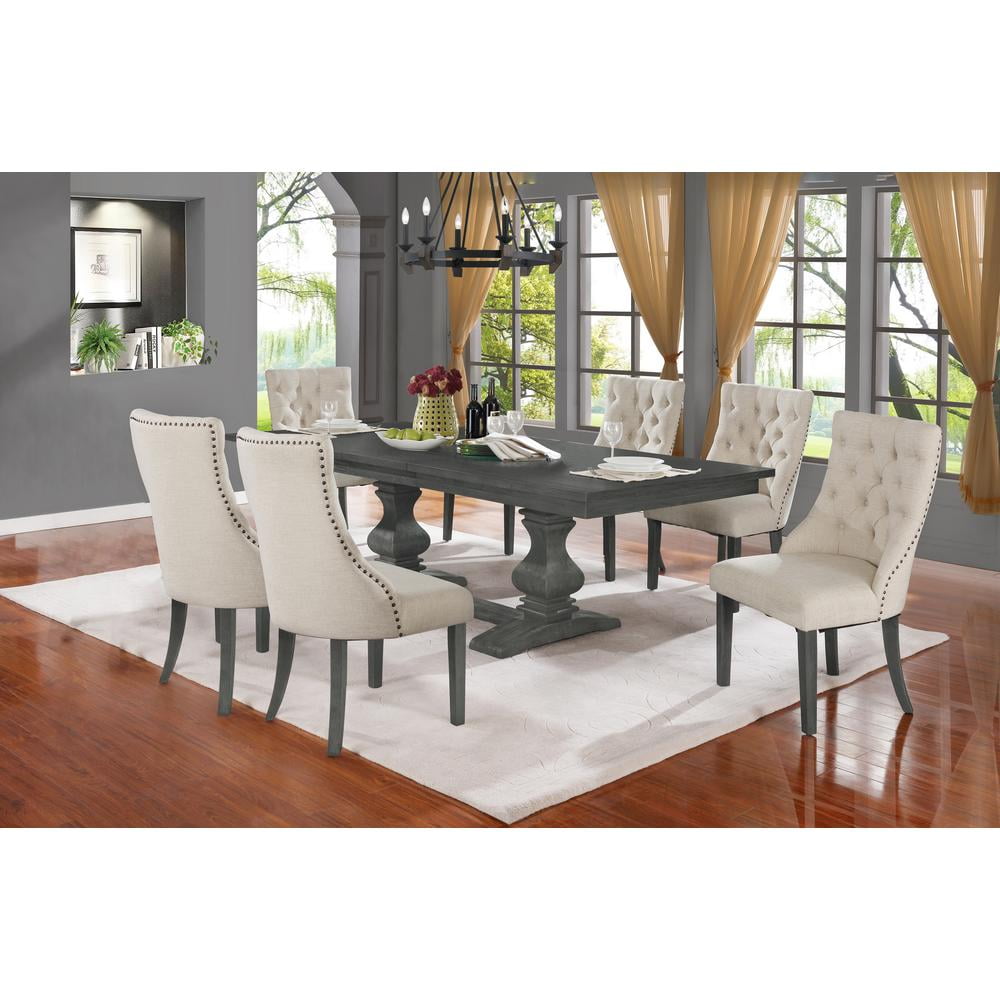 Classic 7 Piece Extension Dining Set: Dining Table Extendable 18"Center Leaf Extension, Trestle Base & 6 Linen Beige Chairs