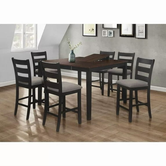Classic 7PC Wooden Counter Dining Set, Butterfly Leaf Expandable Dining Table, Counter Height Chairs, Black/Brown