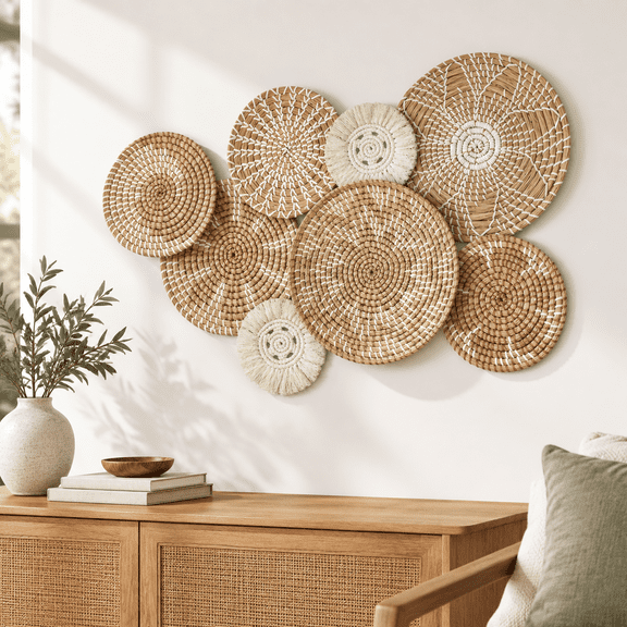 Classic 8-Piece Boho Woven Wall Basket Decor Set For Kitchen Home Farmhouse Summer Decor