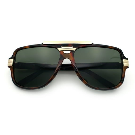 Classic 80s Rapper Mid Temple Flat Top Bridge Thick Plastic Racer Sunglasses Tortoise - Green