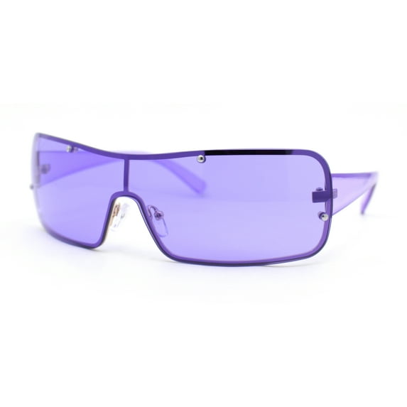 Classic 90s Curved Wrap Rimless Shield Italian Style Metal Rim Sunglasses Purple