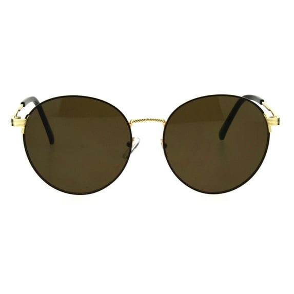 Classic 90s Dad Round Metal Rim Trendy Retro Fashion Sunglasses Gold Brown