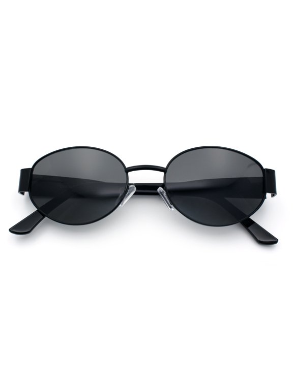 Classic 90s Oval Metal Rim Thick Mid Temple Fashion Sunglasses All Black