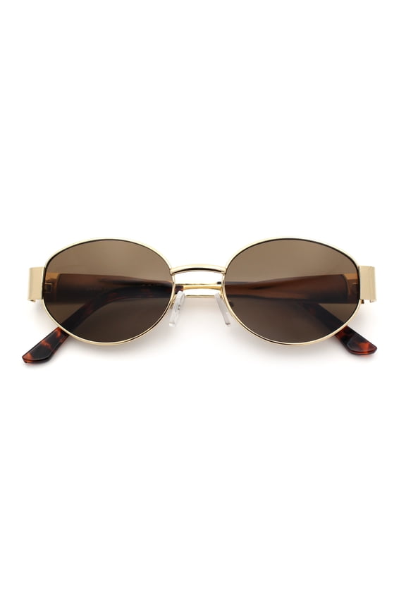 Classic 90s Oval Metal Rim Thick Mid Temple Fashion Sunglasses Gold - Brown