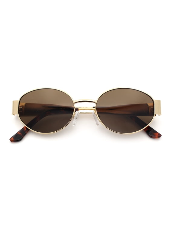 Classic 90s Oval Metal Rim Thick Mid Temple Fashion Sunglasses Gold - Brown