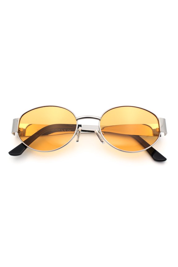 Classic 90s Oval Metal Rim Thick Mid Temple Fashion Sunglasses Silver - Orange