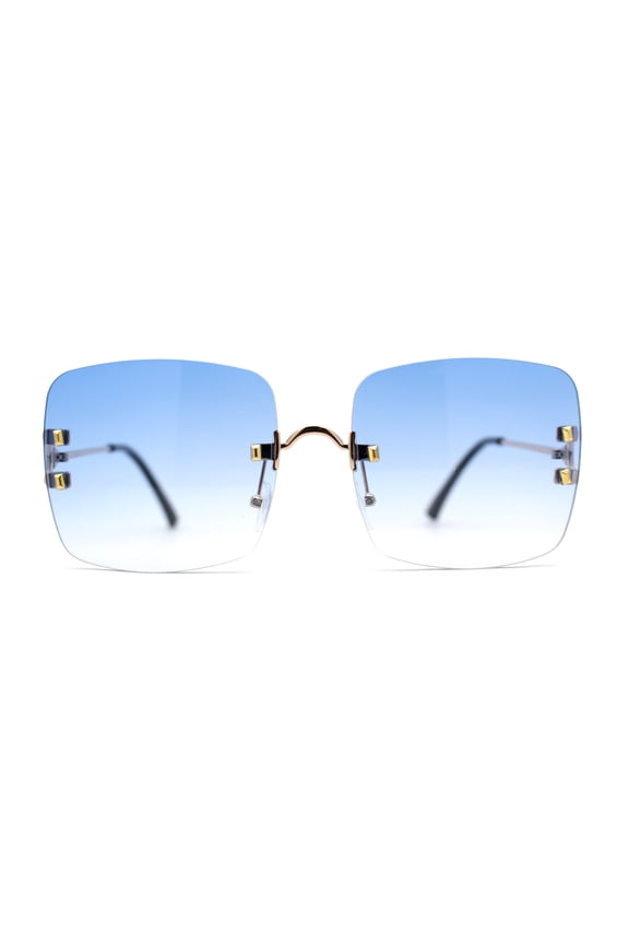 Classic 90s Rimless Large Rectangle Luxury Sunglasses Gold Blue
