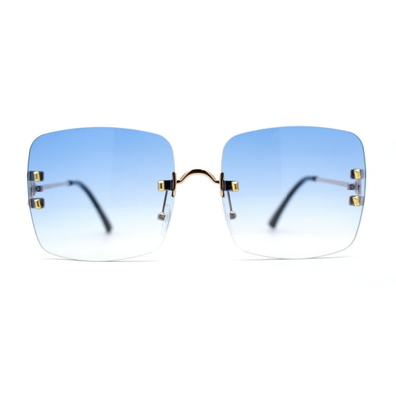 Classic 90s Rimless Large Rectangle Luxury Sunglasses Gold Blue